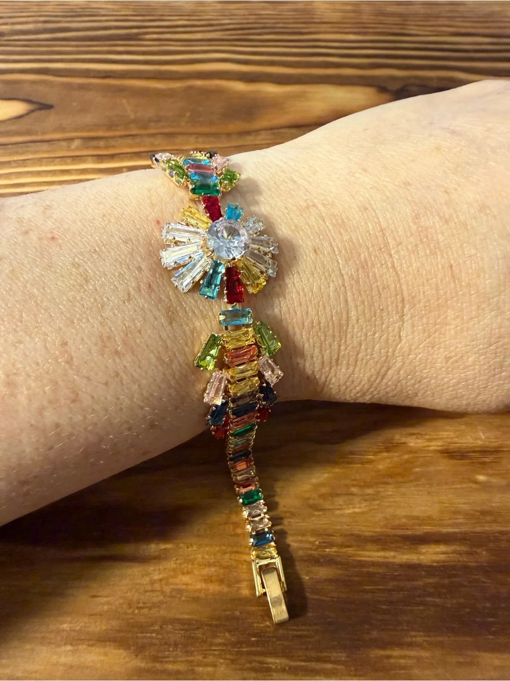 Gold Plated Multicolor Crystal Flower Bracelet - Statement Women Jewelry